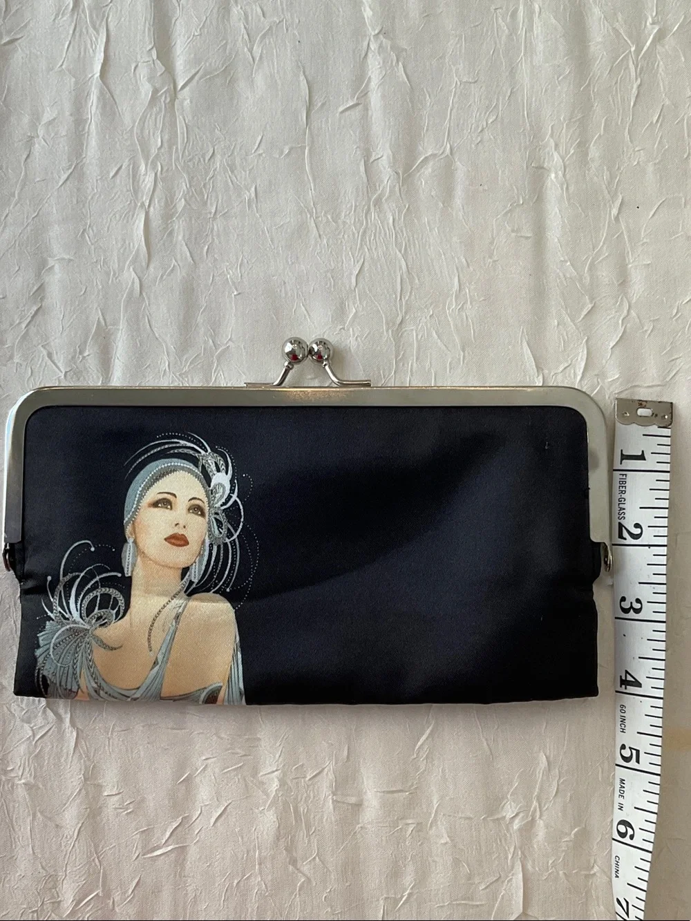 Vintage-Inspired Black Clutch with Art Deco Portrait